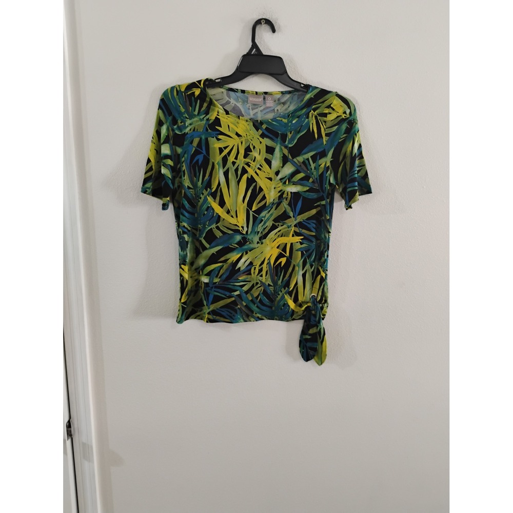 Chicos Tropical Palm Leaf Print Side Tie Top Green Yellow Blue Size 0 Small